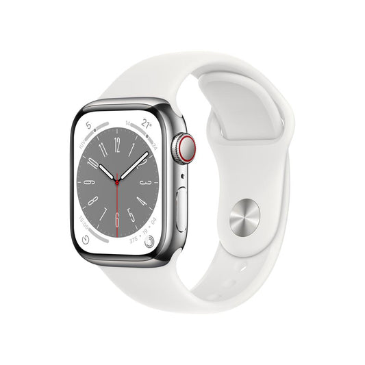 Apple Watch Series 8 (GPS + Cellular) - Caja de acero inoxidable en plata de 41 mm - Correa deportiva blanca
