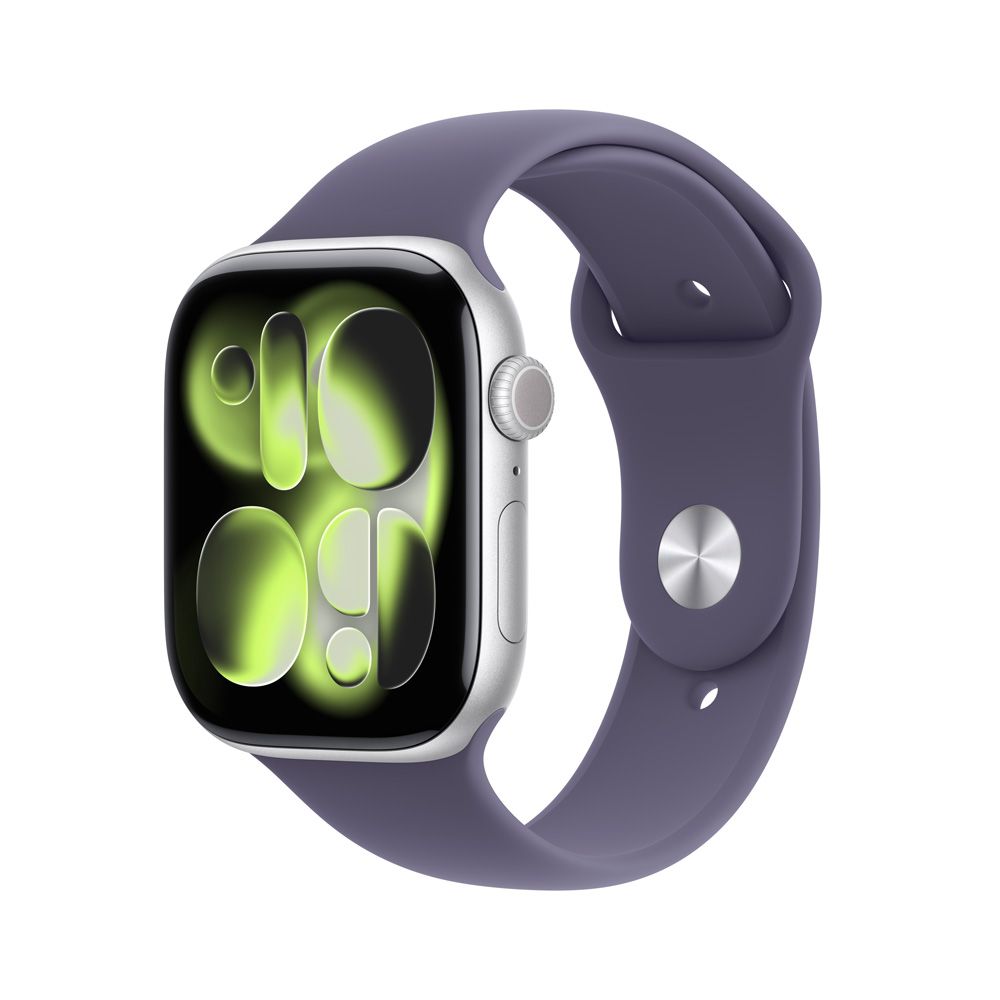 Apple Watch Series 11 GPS • Caja de aluminio color plata de 46 mm • Correa deportiva morado niebla – M/L