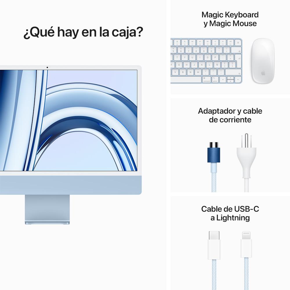 iMac con pantalla Retina 4,5K de 24 pulgadas: Chip M3 de Apple con CPU de 8 núcleos y GPU de 8 núcleos, 256 GB SSD - Azul