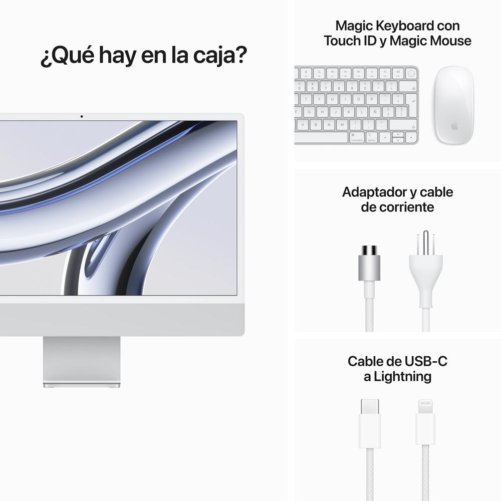 iMac con pantalla Retina 4,5K de 24 pulgadas Chip M3 de Apple con CPU de 8 núcleos y GPU de 10 núcleos 8GB Plata 256 GB