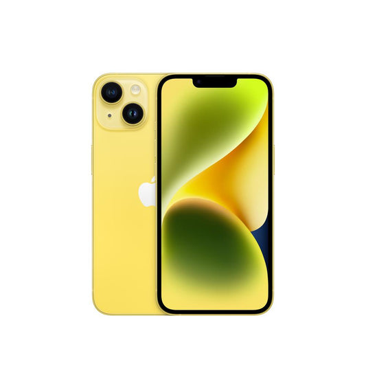 iPhone 14 amarillo con diseño vibrante y tecnología de fotografía avanzada.