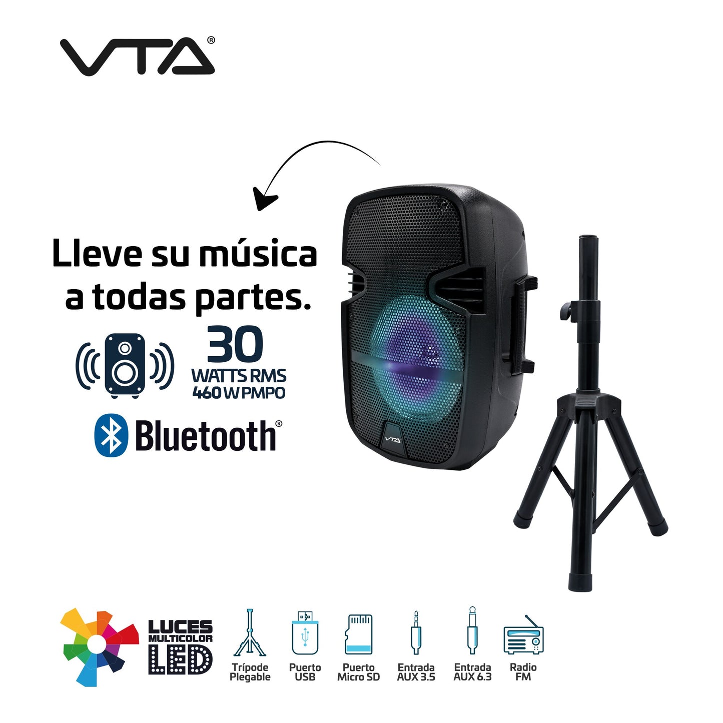 Parlante VTA recargable Bluetooth 30w + Tripode - Negro
