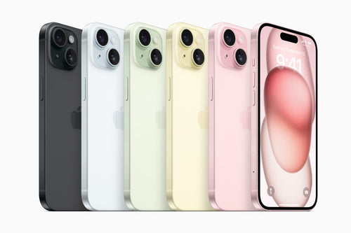 Modelos de iPhone 15 y iPhone 15 Plus en distintos colores