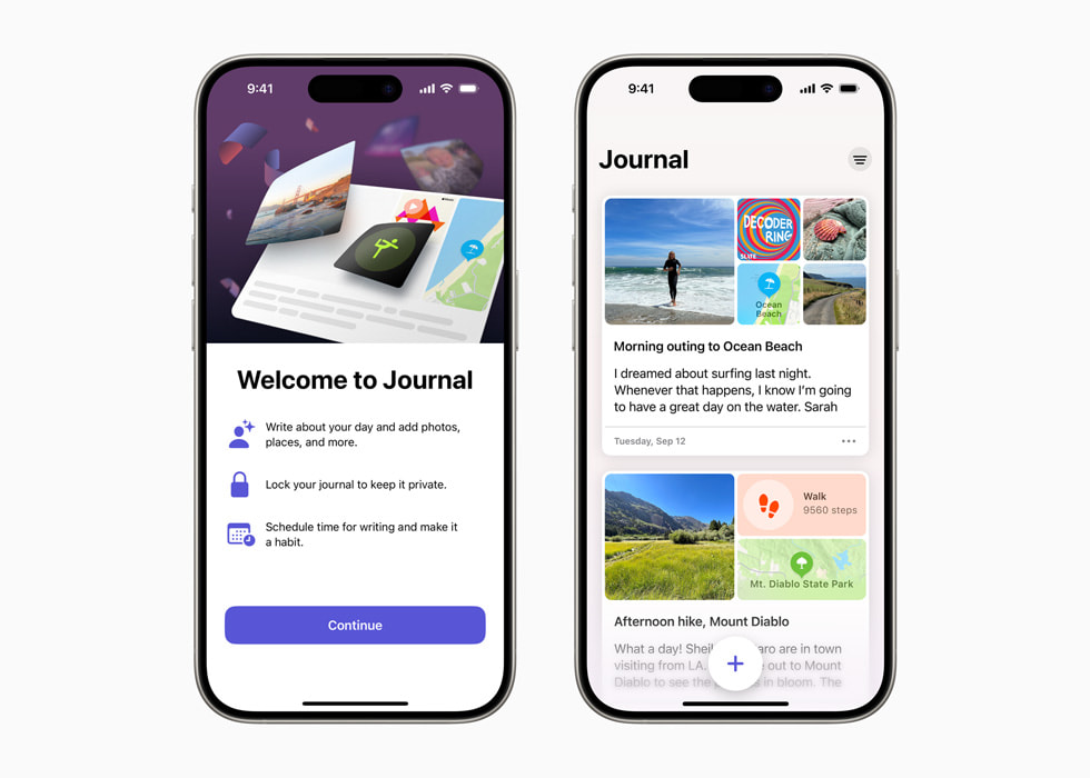 Dos iPhone muestran en su pantalla la App Diario de Apple dando la bienvenida a su interfaz y diferentes entradas con fotos