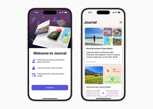 Dos iPhone muestran en su pantalla la App Diario de Apple dando la bienvenida a su interfaz y diferentes entradas con fotos