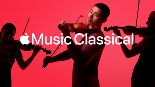 Portada de lanzamiento de Apple Music Classical que muestra a tres violinistas.