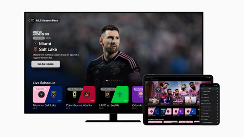 Pantalla de Apple TV y app mostrando contenido de la MLS 