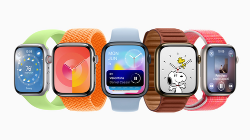 Cinco modelos distintos de Apple Watch, desde los SE, Ultra y Series de diferentes generaciones
