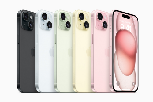 Modelos del iPhone 15 en diferentes colores, como el negro, azul, verde, amarillo y rosa