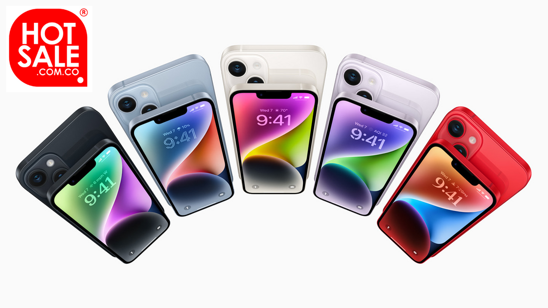 Distintos modelos y colores de iPhone 14, un producto que se encuenrta en promoción durante el Hot Sale 2023 en Mac Center.