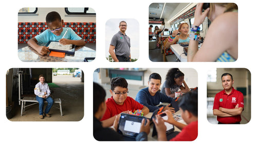 Grupo de estudiantes participando en actividades educativas con dispositivos tecnológicos, representando elementos esenciales de una lista de útiles.