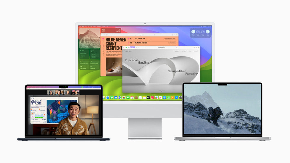 De izquierda a derecha, MacBook Air, iMac y MacBook Pro muestran en sus pantallas nuevas funcionalidades con macOS Sonoma