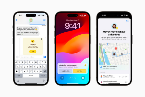 Tres iPhone que muestran las Novedades de iOS 17 como Mensajes, Mapas y notificaciones