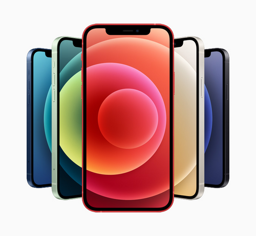 Cinco iPhone 12 en diferentes colores que muestran su diseño destacado 