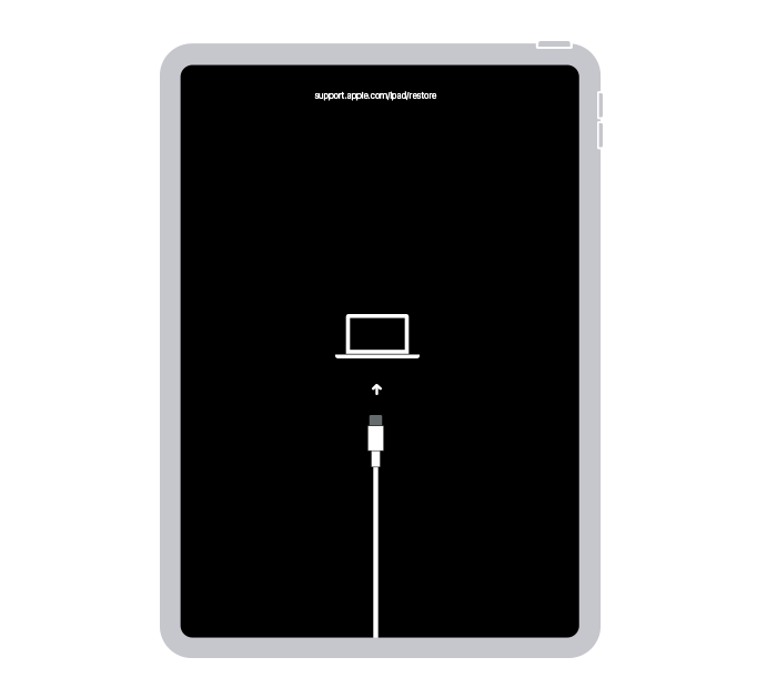 Vector de un iPad muestra la pantalla Restaurar, indicando que debe conectar el dispositivo a la computadora y reiniciarlo