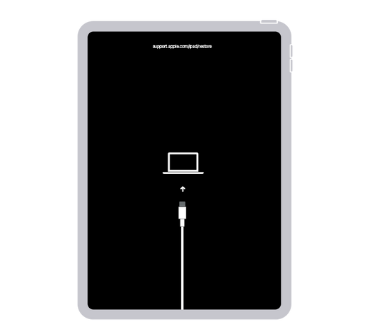 Vector de un iPad muestra la pantalla Restaurar, indicando que debe conectar el dispositivo a la computadora y reiniciarlo