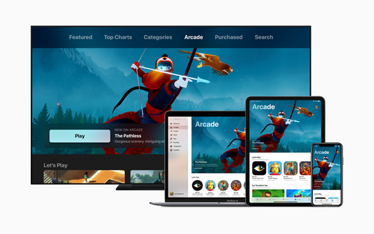 Apple TV, MacBook, iPad y iPhone muestran la suscripción a un servicio como Apple Arcade 
