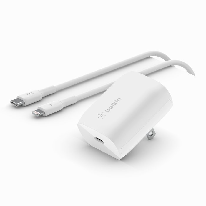 Cargador Belkin 20w - USB-C PPS - Blanco + Cable USB-C - Lightning