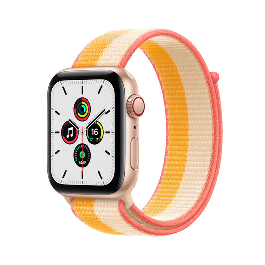 Apple Watch SE (GPS + Cellular) - Caja de aluminio en oro de 44 mm - Correa Loop deportiva en color maíz/blanco