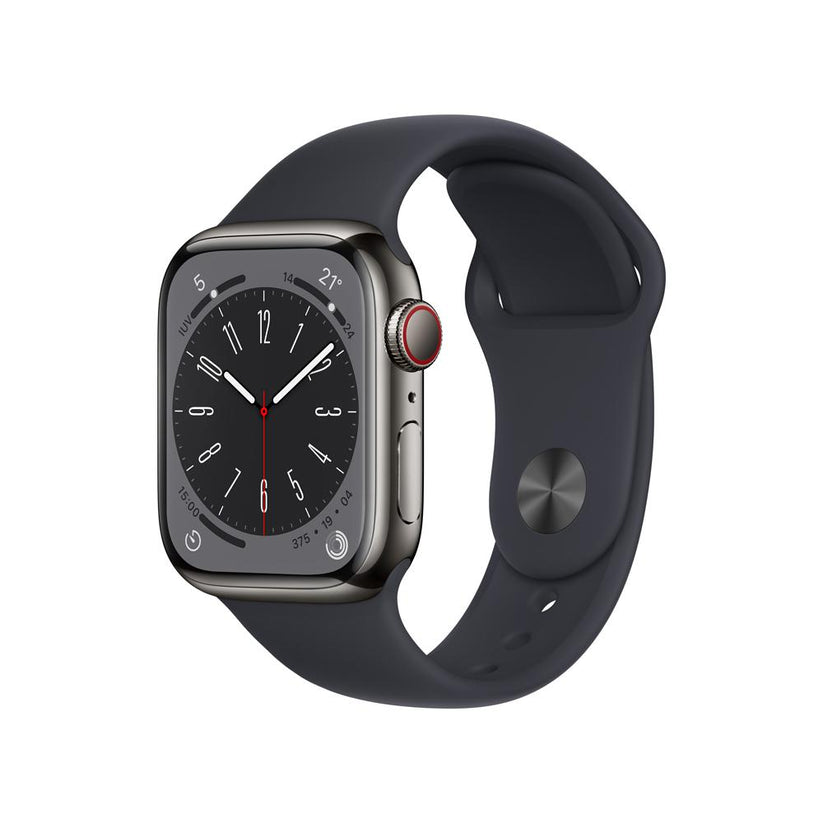 Apple Watch Series 8 (GPS + Cellular) - Caja de acero inoxidable en grafito de 41 mm - Correa deportiva en color medianoche