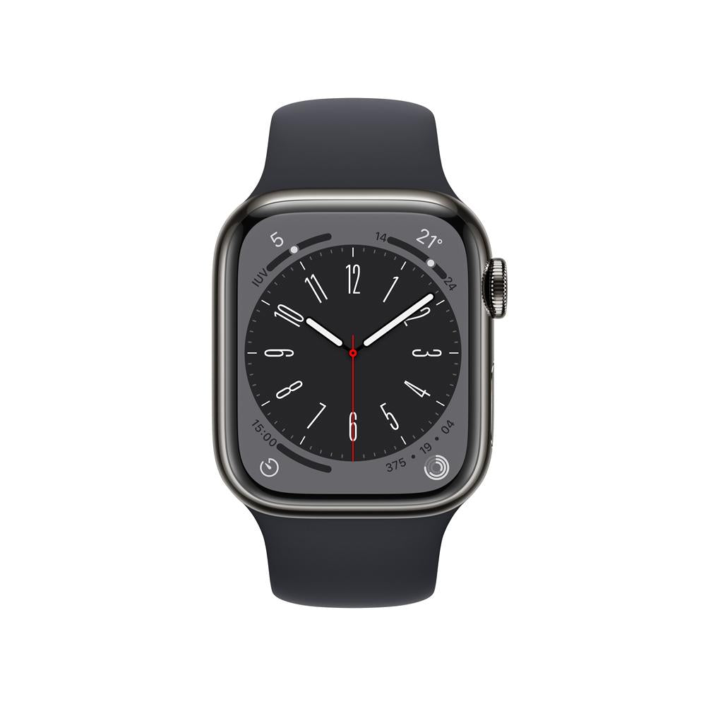 Apple Watch Series 8 (GPS + Cellular) - Caja de acero inoxidable en grafito de 41 mm - Correa deportiva en color medianoche - Talla única