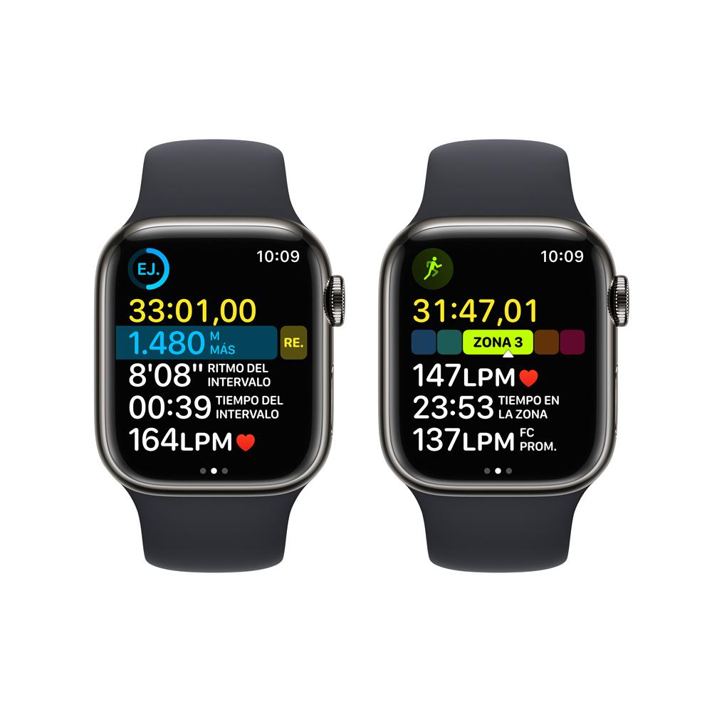 Apple Watch Series 8 (GPS + Cellular) - Caja de acero inoxidable en grafito de 41 mm - Correa deportiva en color medianoche - Talla única