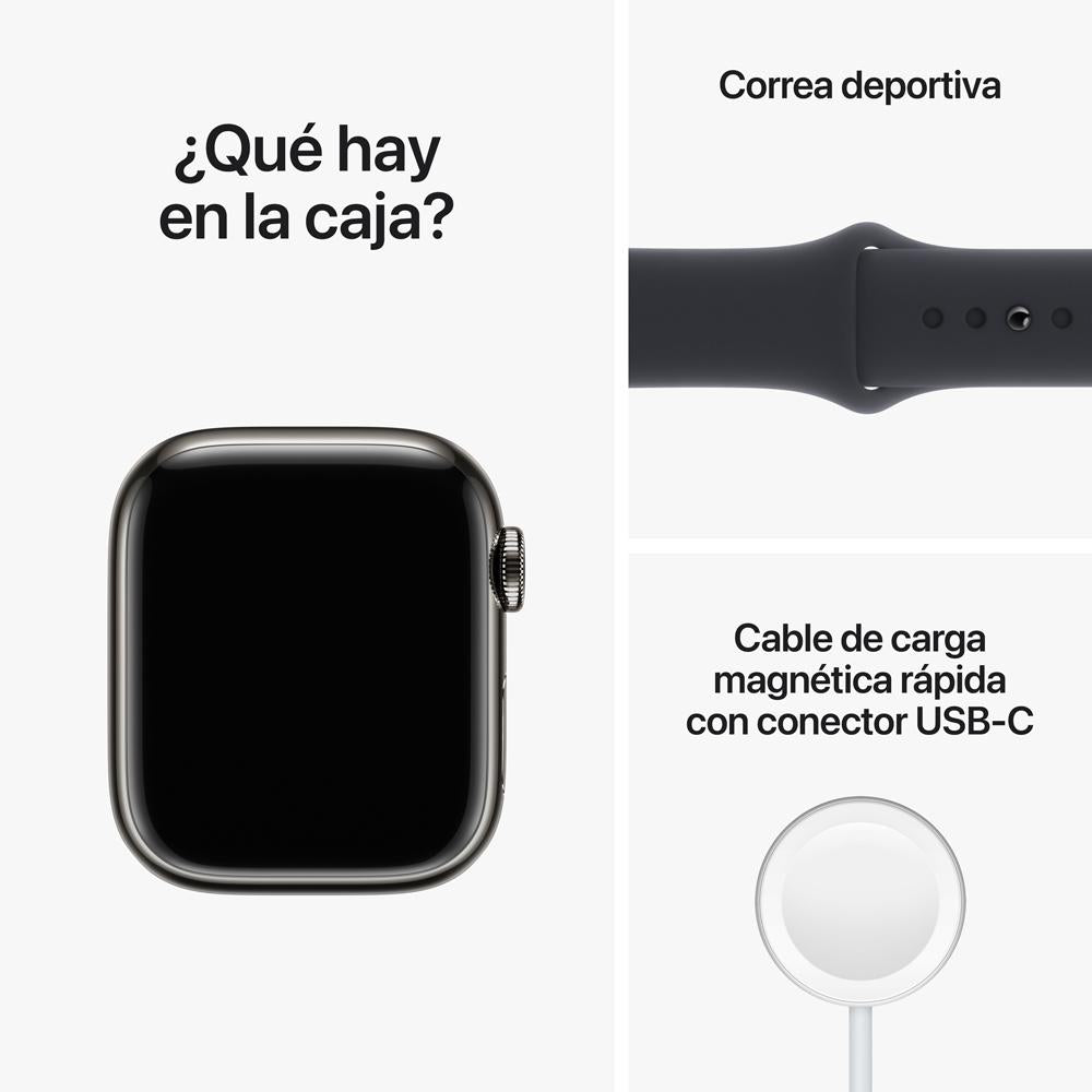 Apple Watch Series 8 (GPS + Cellular) - Caja de acero inoxidable en grafito de 41 mm - Correa deportiva en color medianoche - Talla única