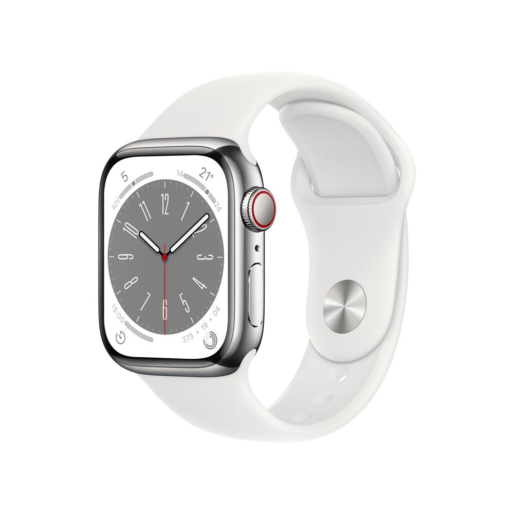 Apple Watch Series 8 (GPS + Cellular) - Caja de acero inoxidable en plata de 41 mm - Correa deportiva blanca 