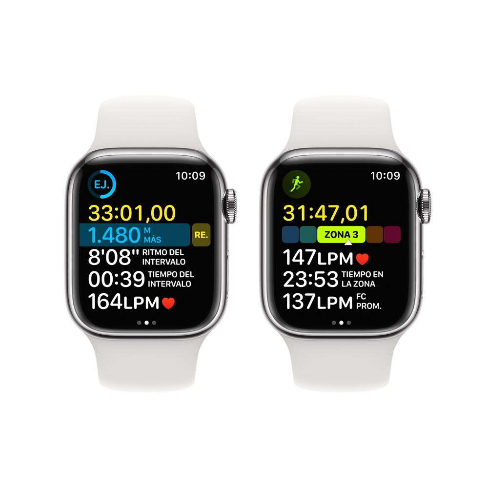 Apple Watch Series 8 (GPS + Cellular) - Caja de acero inoxidable en plata de 41 mm - Correa deportiva blanca - Talla única