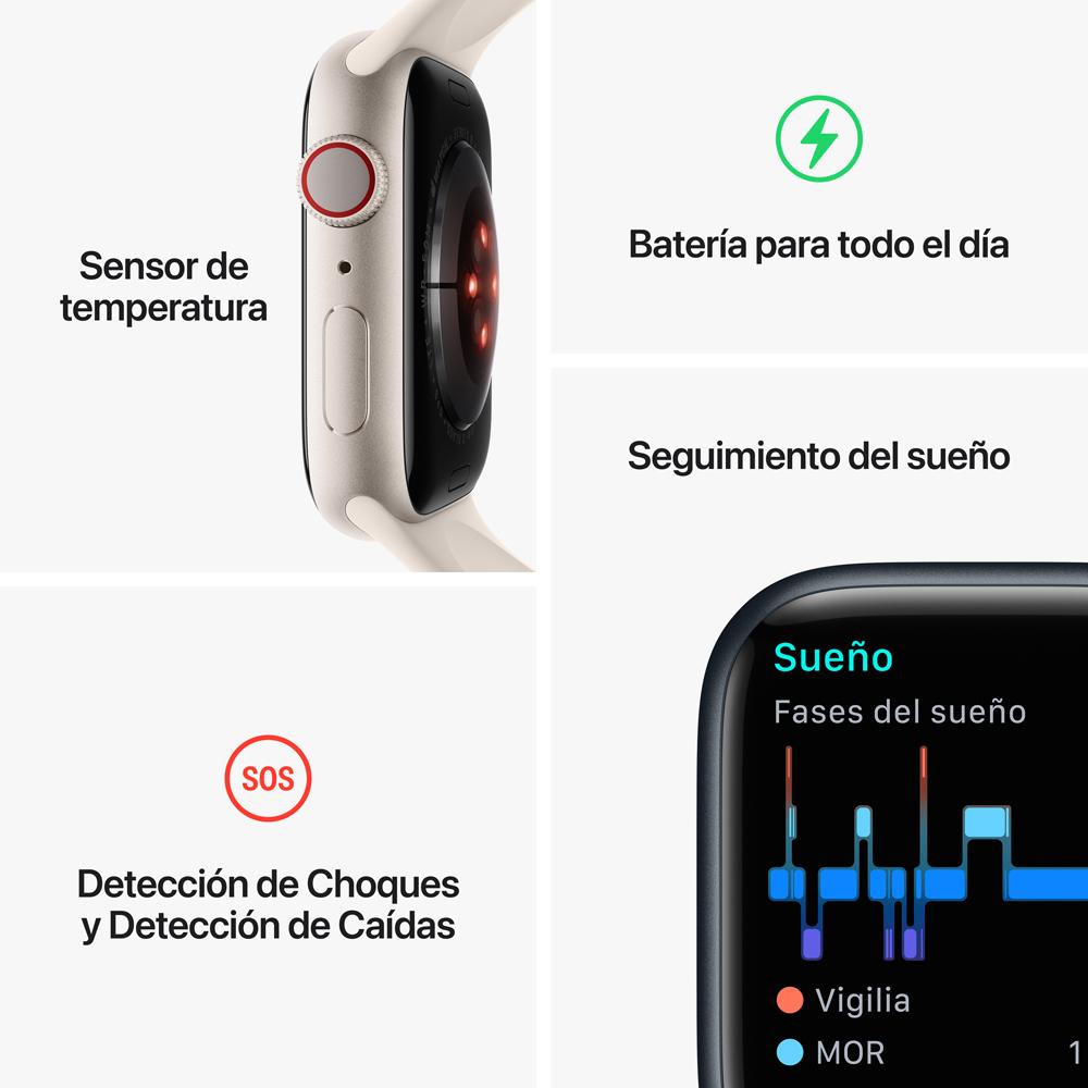 Apple Watch Series 8 (GPS + Cellular) - Caja de acero inoxidable en plata de 41 mm - Correa deportiva blanca - Talla única