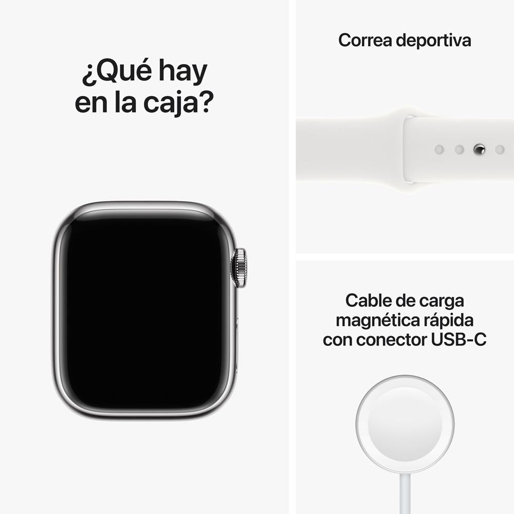 Apple Watch Series 8 (GPS + Cellular) - Caja de acero inoxidable en plata de 41 mm - Correa deportiva blanca - Talla única