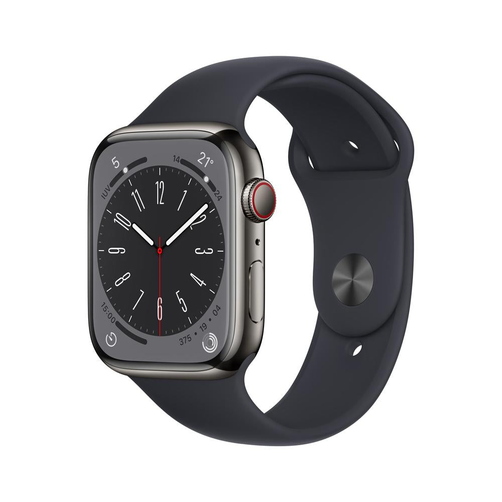 Apple Watch Series 8 (GPS + Cellular) - Caja de acero inoxidable en grafito de 45 mm - Correa deportiva en color medianoche - Talla única
