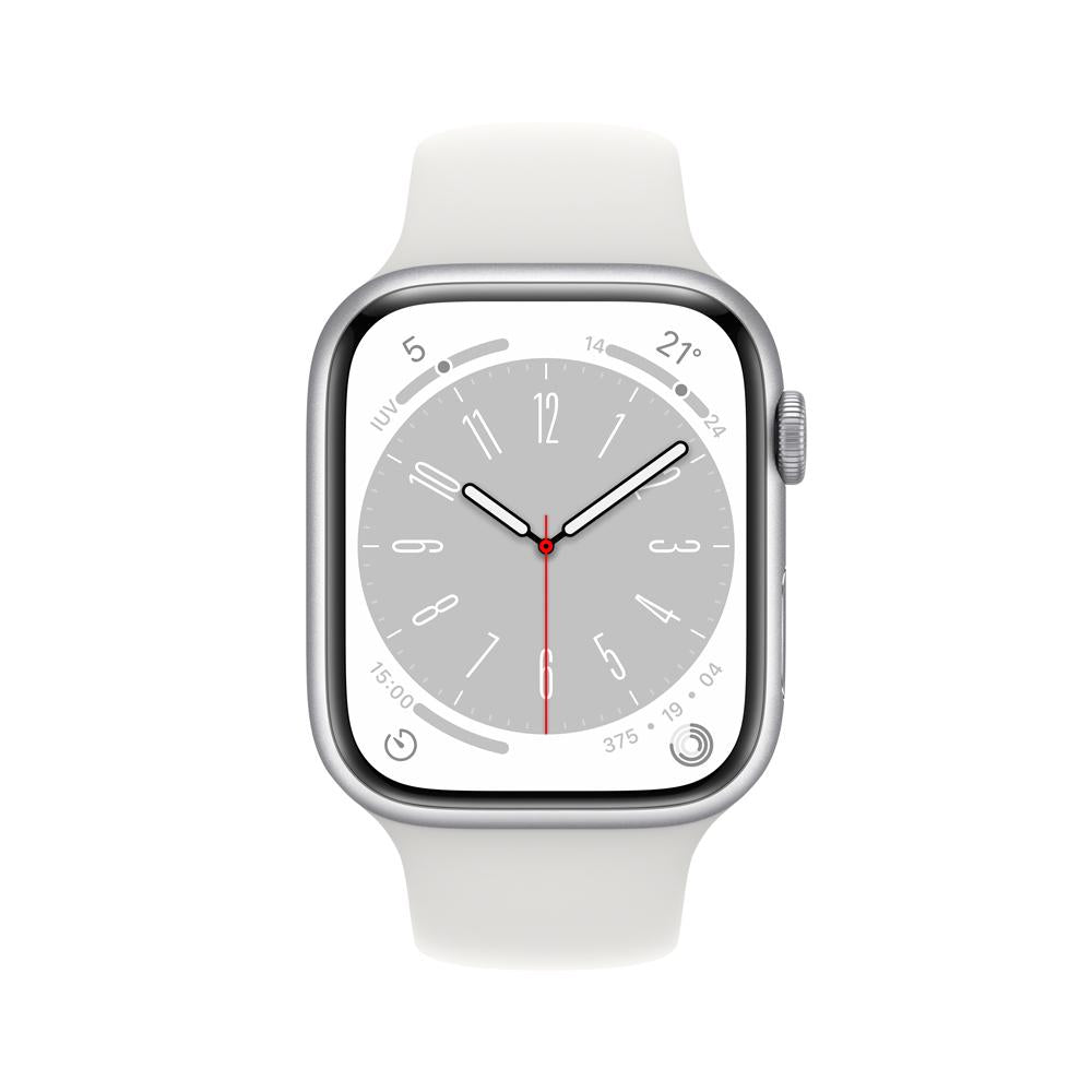 Apple Watch Series 8 (GPS + Cellular) - Caja de aluminio en plata de 45 mm - Correa deportiva blanca - Talla única