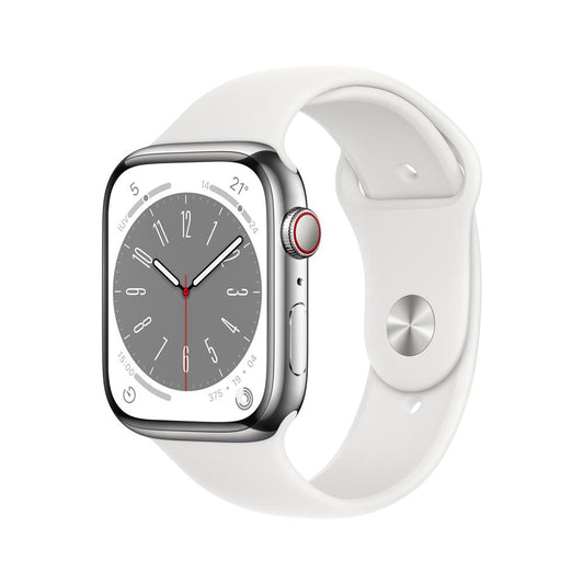 Apple Watch Series 8 (GPS + Cellular) - Caja de acero inoxidable en plata de 45 mm - Correa deportiva blanca - Talla única