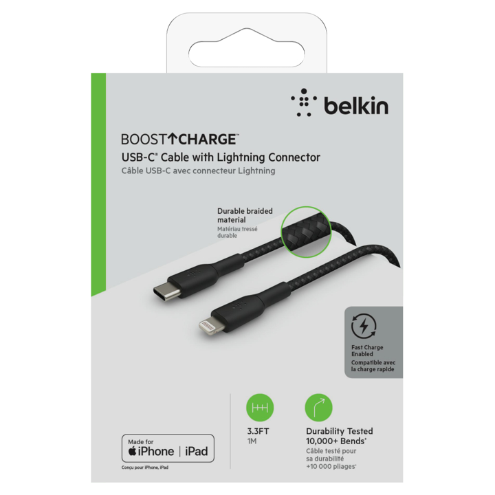 Cable Belkin USB-C a Lightning - 1M - Trenzado - Negro