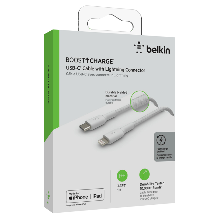 Cable Belkin USB-C a Lightning - 1M - Trenzado - Blanco