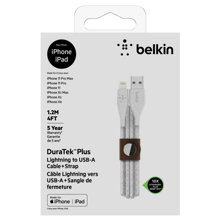 Cable Belkin USB-A a Lightning - 1.2M - DuraTek Plus - Blanco