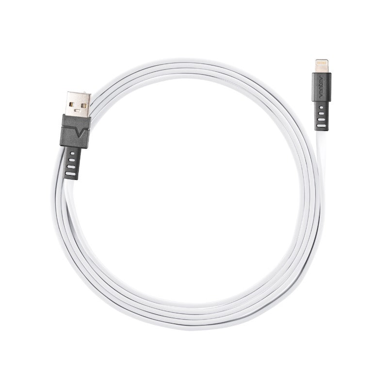 El cable chargesync plano de Ventev USB-A a Apple Lightning de Ventev  es perfecto para quienes buscan una carga rápida y sin enredos. Con el doble de cobre que los cables estándar, este cable garantiza una carga más rápida y eficiente.