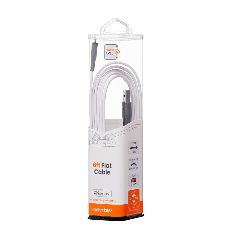 El cable chargesync plano de Ventev USB-A a Apple Lightning de Ventev  es perfecto para quienes buscan una carga rápida y sin enredos. Con el doble de cobre que los cables estándar, este cable garantiza una carga más rápida y eficiente.