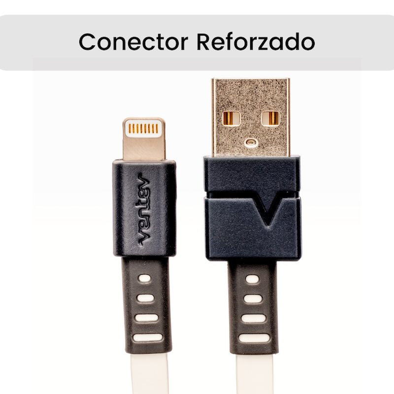 El cable chargesync plano de Ventev USB-A a Apple Lightning de Ventev  es perfecto para quienes buscan una carga rápida y sin enredos. Con el doble de cobre que los cables estándar, este cable garantiza una carga más rápida y eficiente.
