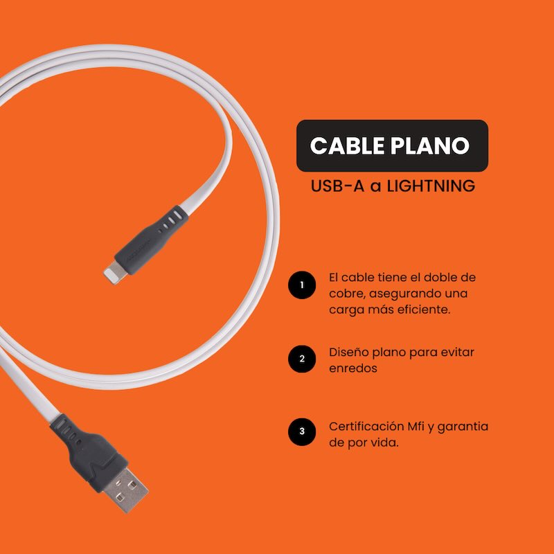 El cable chargesync plano de Ventev USB-A a Apple Lightning de Ventev  es perfecto para quienes buscan una carga rápida y sin enredos. Con el doble de cobre que los cables estándar, este cable garantiza una carga más rápida y eficiente.