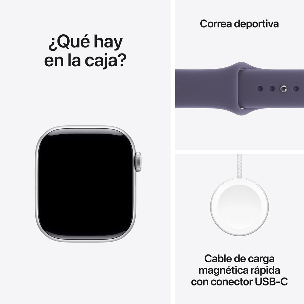 Apple Watch Series 11 GPS • Caja de aluminio color plata de 42 mm • Correa deportiva morado niebla – S/M