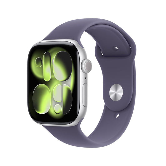 Apple Watch Series 11 GPS • Caja de aluminio color plata de 46 mm • Correa deportiva morado niebla – M/L