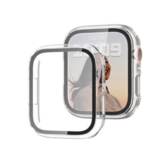 Bómper protector  para Apple Watch en cristal y bordes de policarbonato para Apple Watch  series SE 42mm, que protege la pantalla de tu Apple Watch ante cualquier golpe y/o caída. fácil y rápida instalación. dos unidades por empaque.