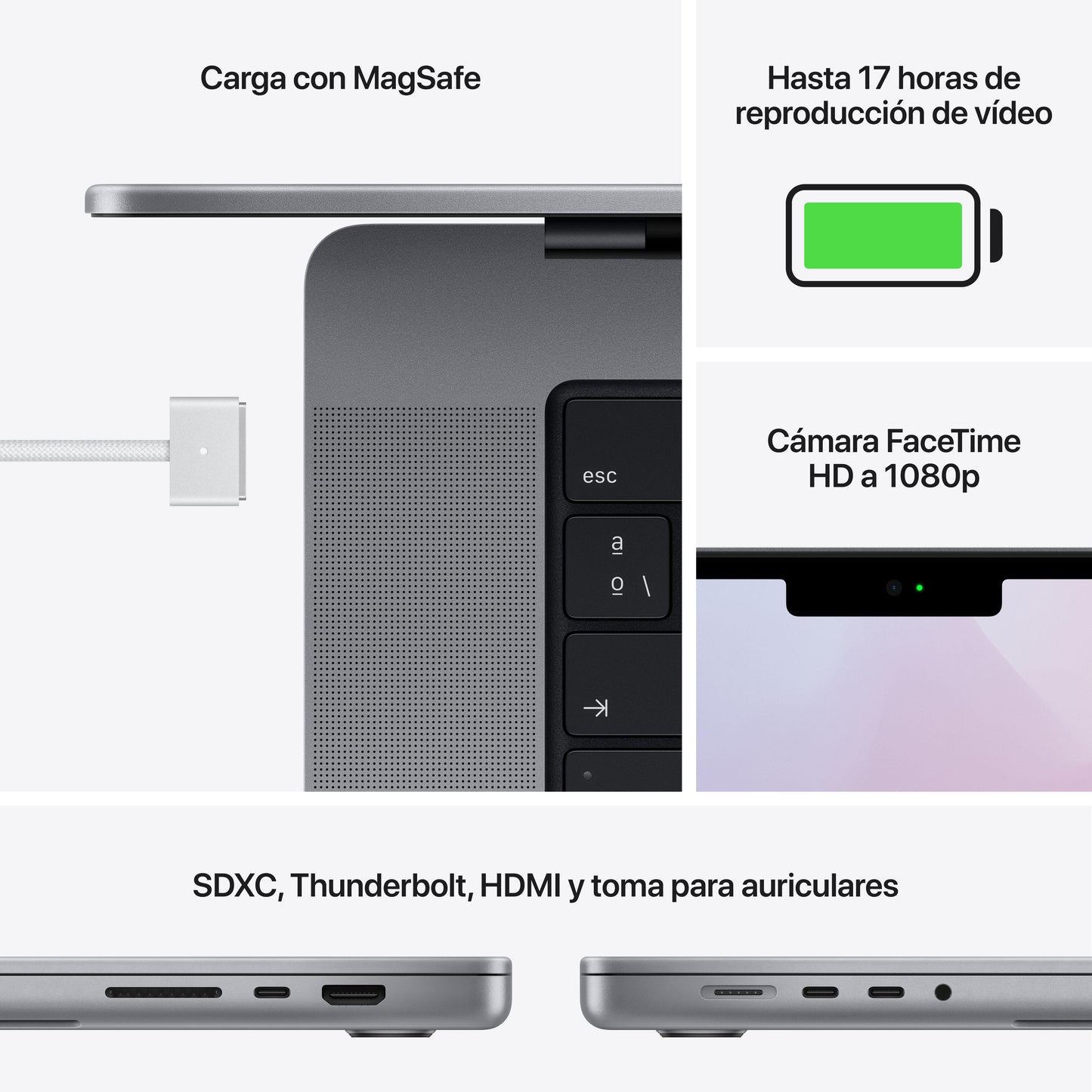 MacBook Pro de 14 pulgadas: Chip M1 Pro de Apple con CPU de ocho núcleos y GPU de catorce núcleos, 512 GB SSD - Gris espacial