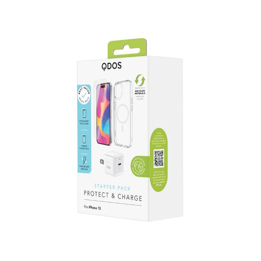 CASE QDOS STARTER PACK IPHONE 15+ADAPTADOR 20W+PROTEC PANTALLA