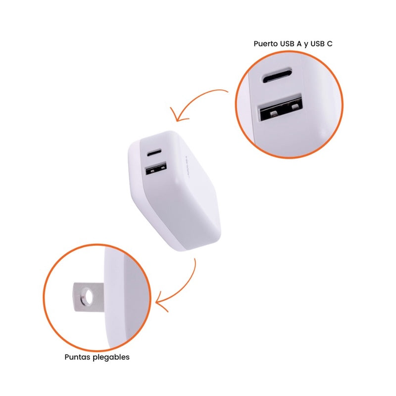 ADAPTADOR VENTEV DE PARED 27W 2 PUERTOS USB-A / USB-C WHITE
