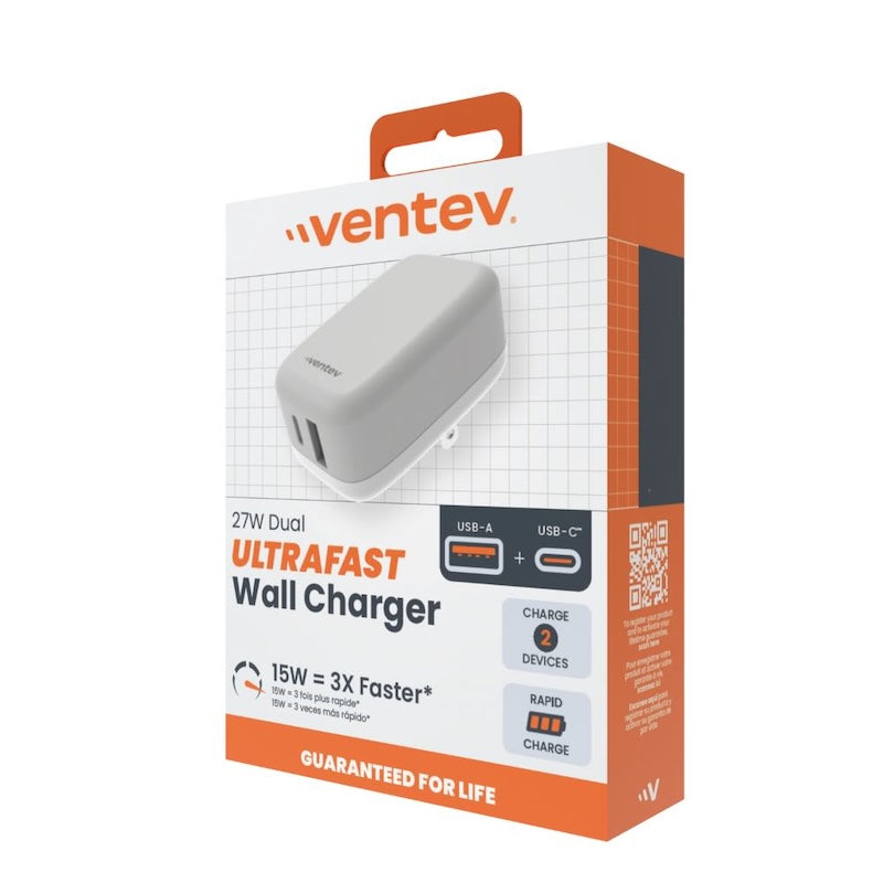 ADAPTADOR VENTEV DE PARED 27W 2 PUERTOS USB-A / USB-C WHITE