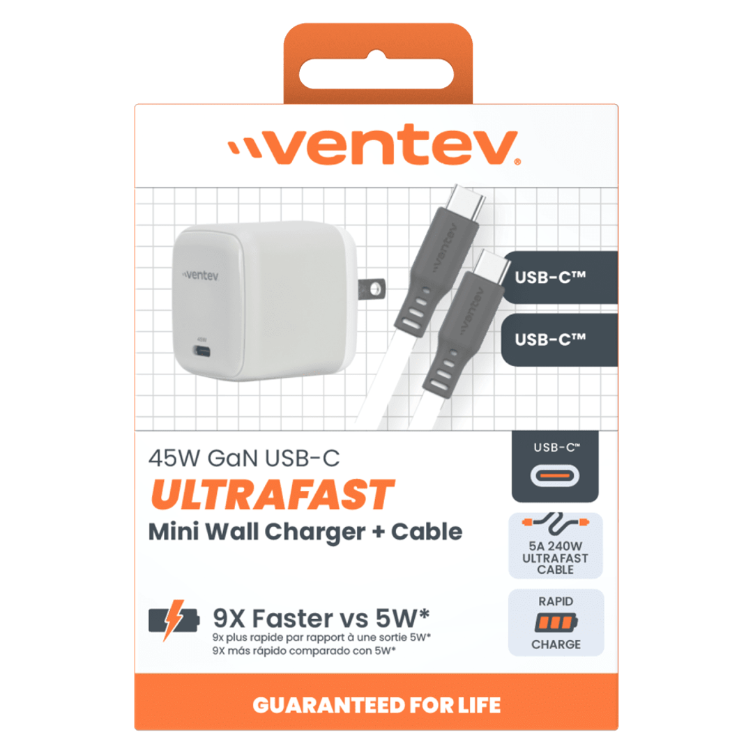 ADAPTADOR VENTEV DE PARED 45W + CABLE DE CARGA 240W USB-C