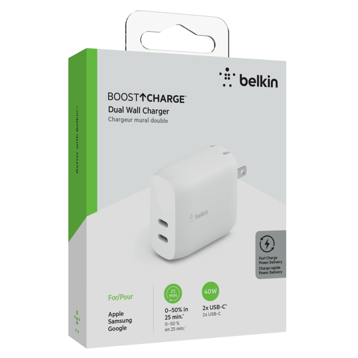 Cargador Belkin 40w - USB-C PD 20w x 2 - Blanco